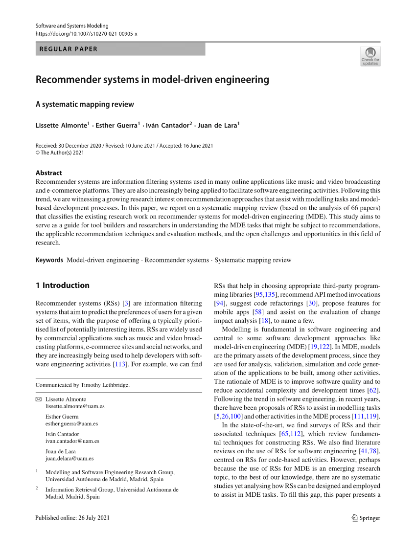 PDF) Recommender systems in model-driven engineering: A systematic mapping  review