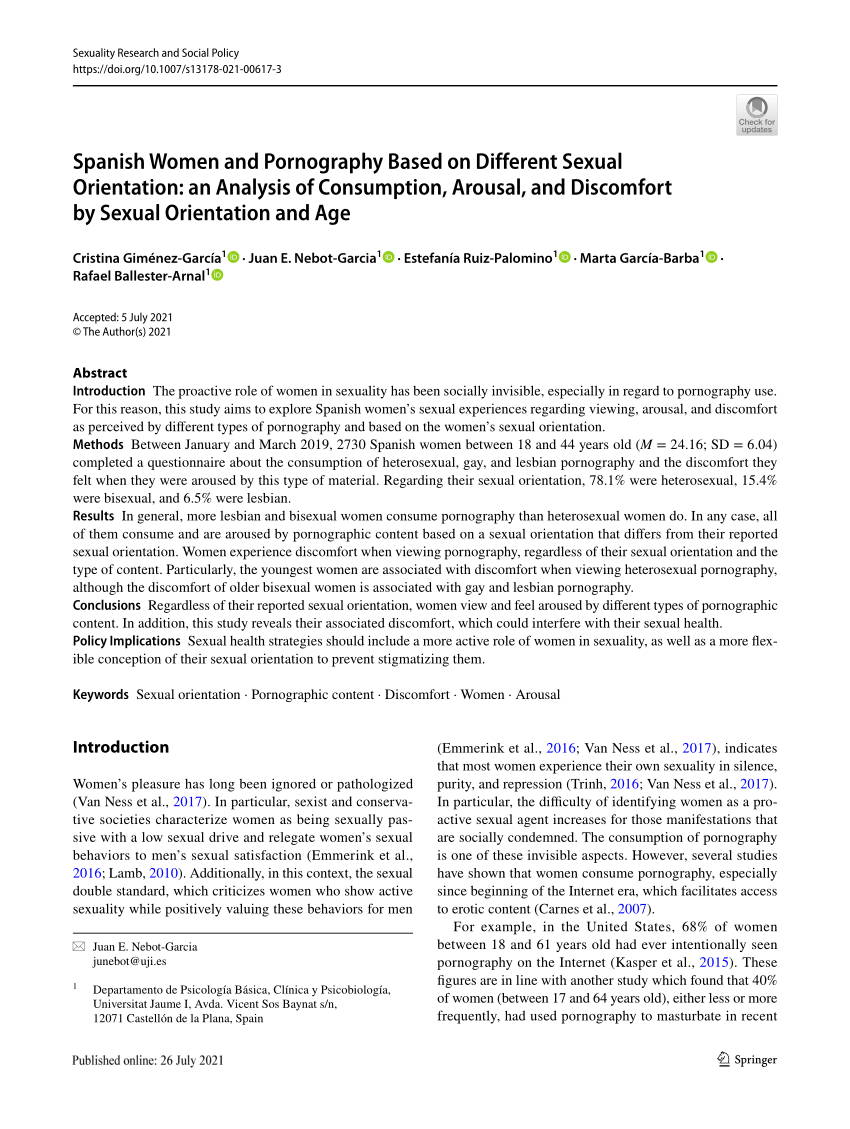 PDF) Spanish Women and Pornography Based on Different Sexual Orientation an Analysis of Consumption, Arousal, and Discomfort by Sexual Orientation and