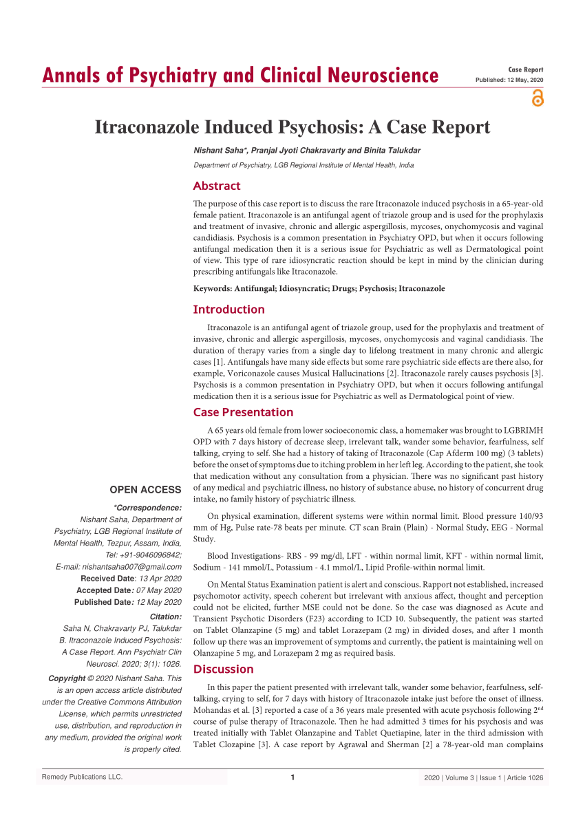 Pdf Annals Of Psychiatry And Clinical Neuroscience Itraconazole Induced Psychosis A Case 0696