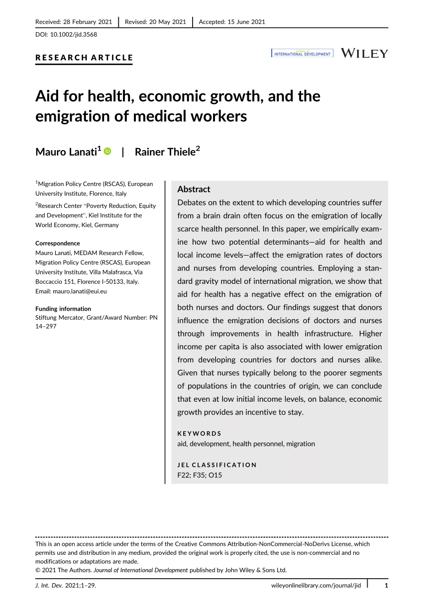 Pdf Aid For Health Economic Growth And The Emigration Of Medical Workers 3236