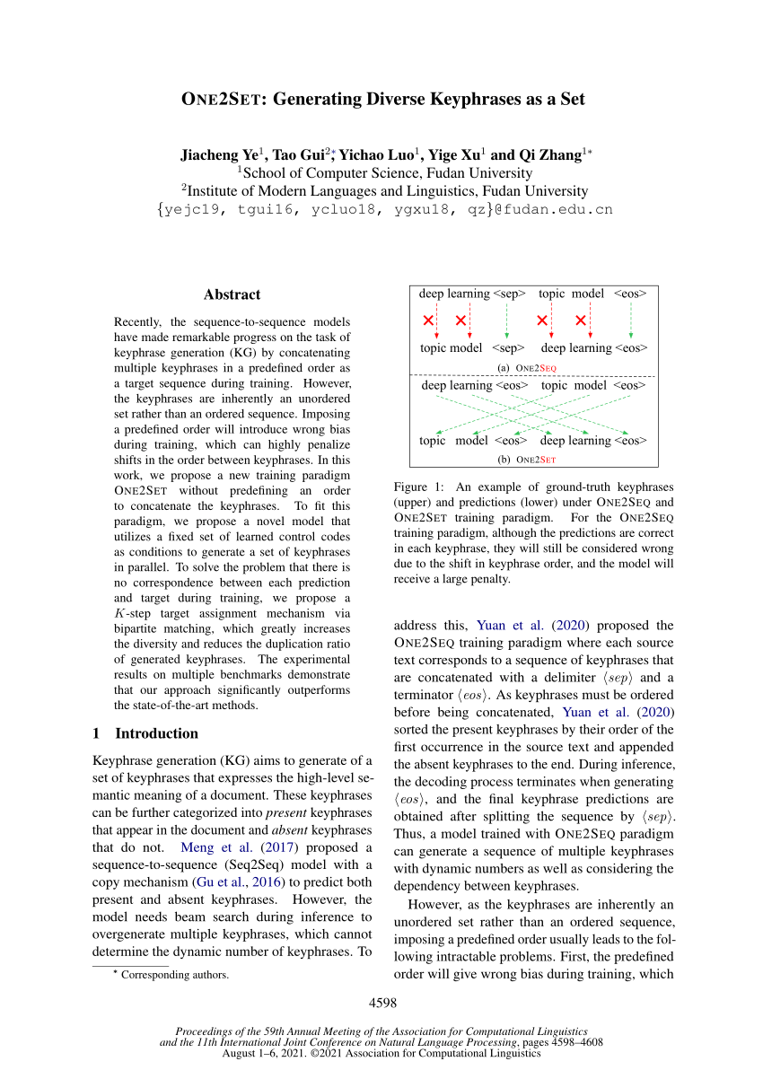 PDF) One2Set: Generating Diverse Keyphrases as a Set