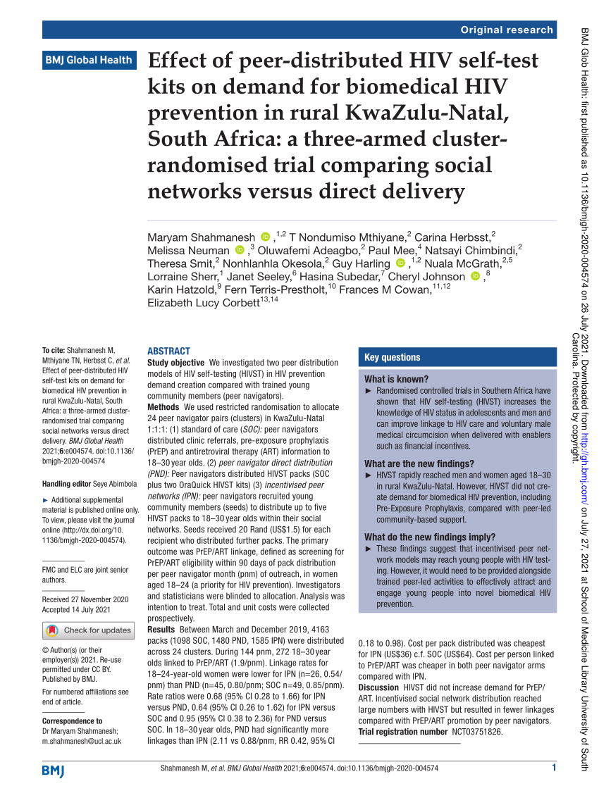 Pdf Effect Of Peer Distributed Hiv Self Test Kits On Demand For Biomedical Hiv Prevention In 