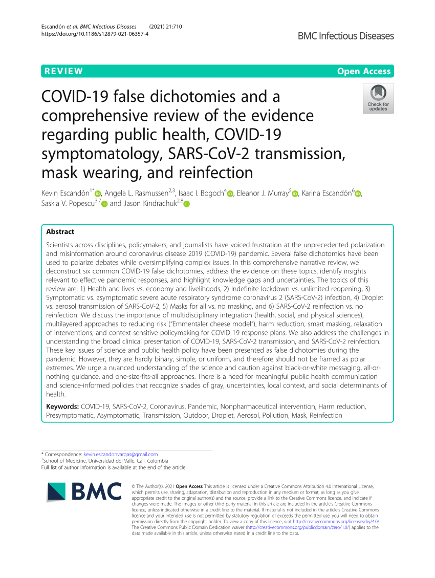 PDF) COVID-19 false dichotomies and a comprehensive review of the evidence  regarding public health, COVID-19 symptomatology, SARS-CoV-2 transmission,  mask wearing, and reinfection