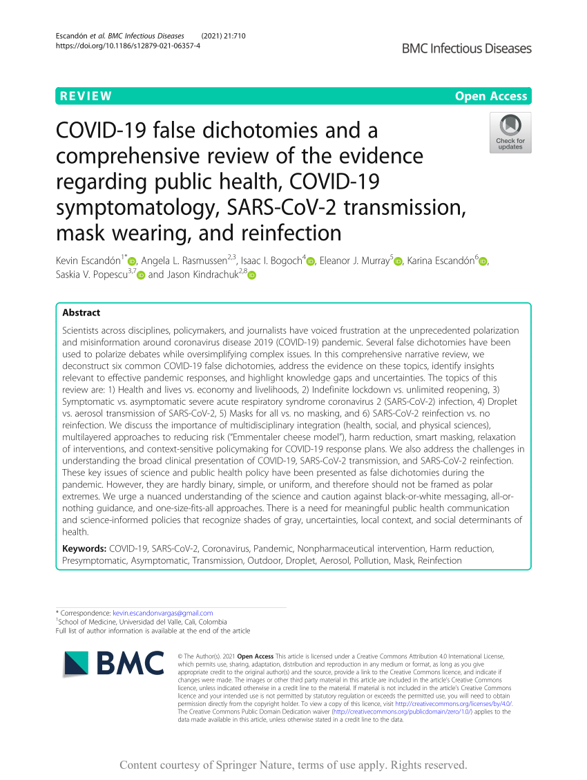 (PDF) COVID-19 false dichotomies and a comprehensive review of the evidence  regarding public health, COVID-19 symptomatology, SARS-CoV-2 transmission,  mask wearing, and reinfection