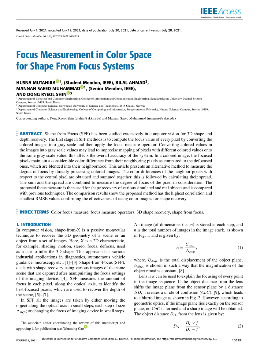 PDF) Focus Measurement in Color Space for Shape From Focus Systems