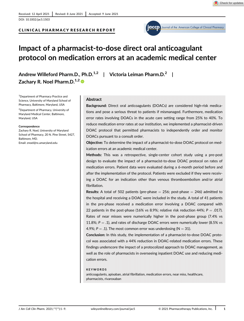 PDF) Impact of a Pharmacist‐to‐Dose Direct Oral Anticoagulant 