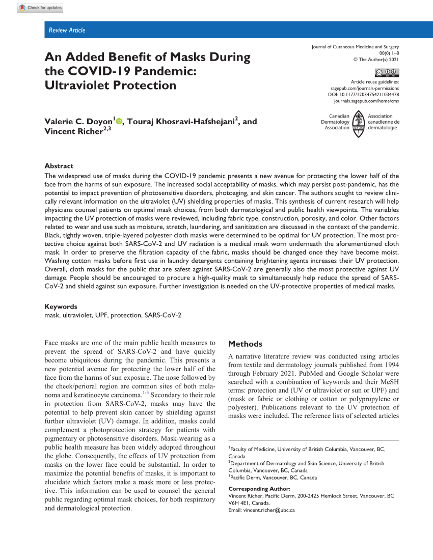 PDF) An Added Benefit of Masks During the COVID-19 Pandemic: Ultraviolet  Protection