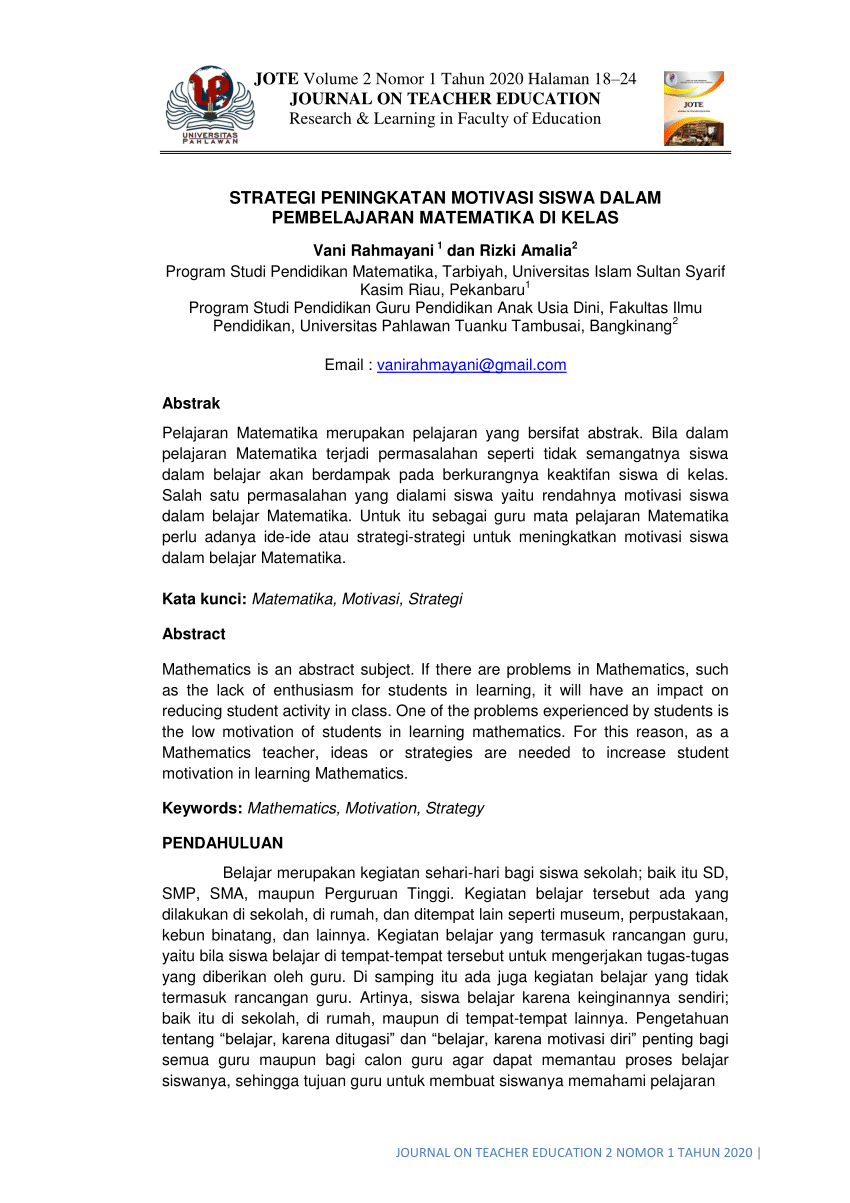 Pdf Strategi Peningkatan Motivasi Siswa Dalam Pembelajaran Matematika