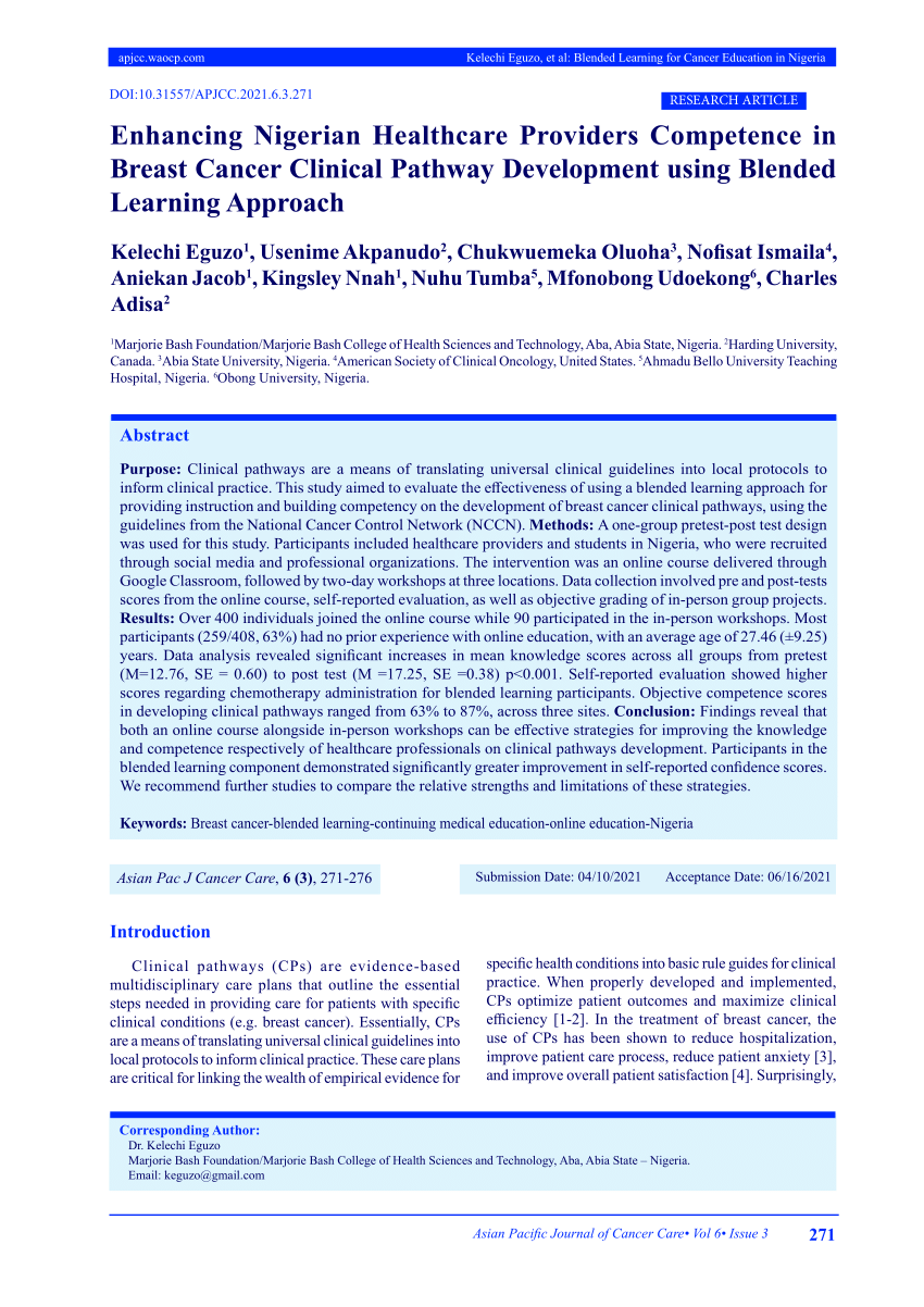 Pdf Enhancing Nigerian Healthcare Providers Competence In Breast Cancer Clinical Pathway Development Using Blended Learning Approach