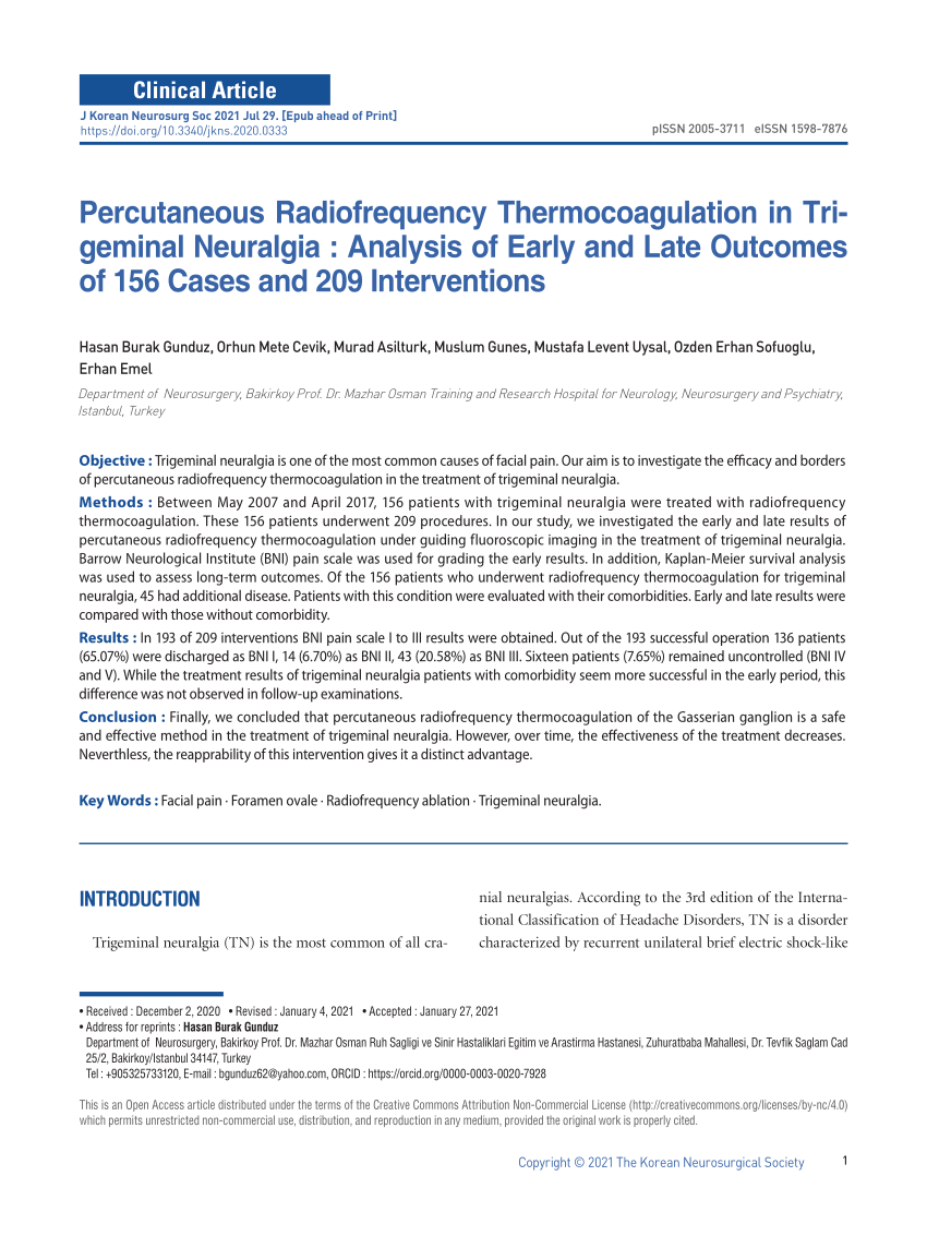 PDF Percutaneous Radiofrequency Thermocoagulation in Trigeminal  