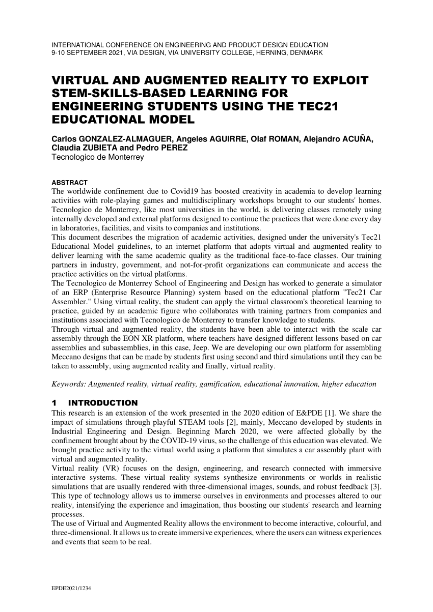 PDF) VIRTUAL AND AUGMENTED REALITY TO EXPLOIT STEM-SKILLS-BASED LEARNING  FOR ENGINEERING STUDENTS USING THE TEC21 EDUCATIONAL MODEL