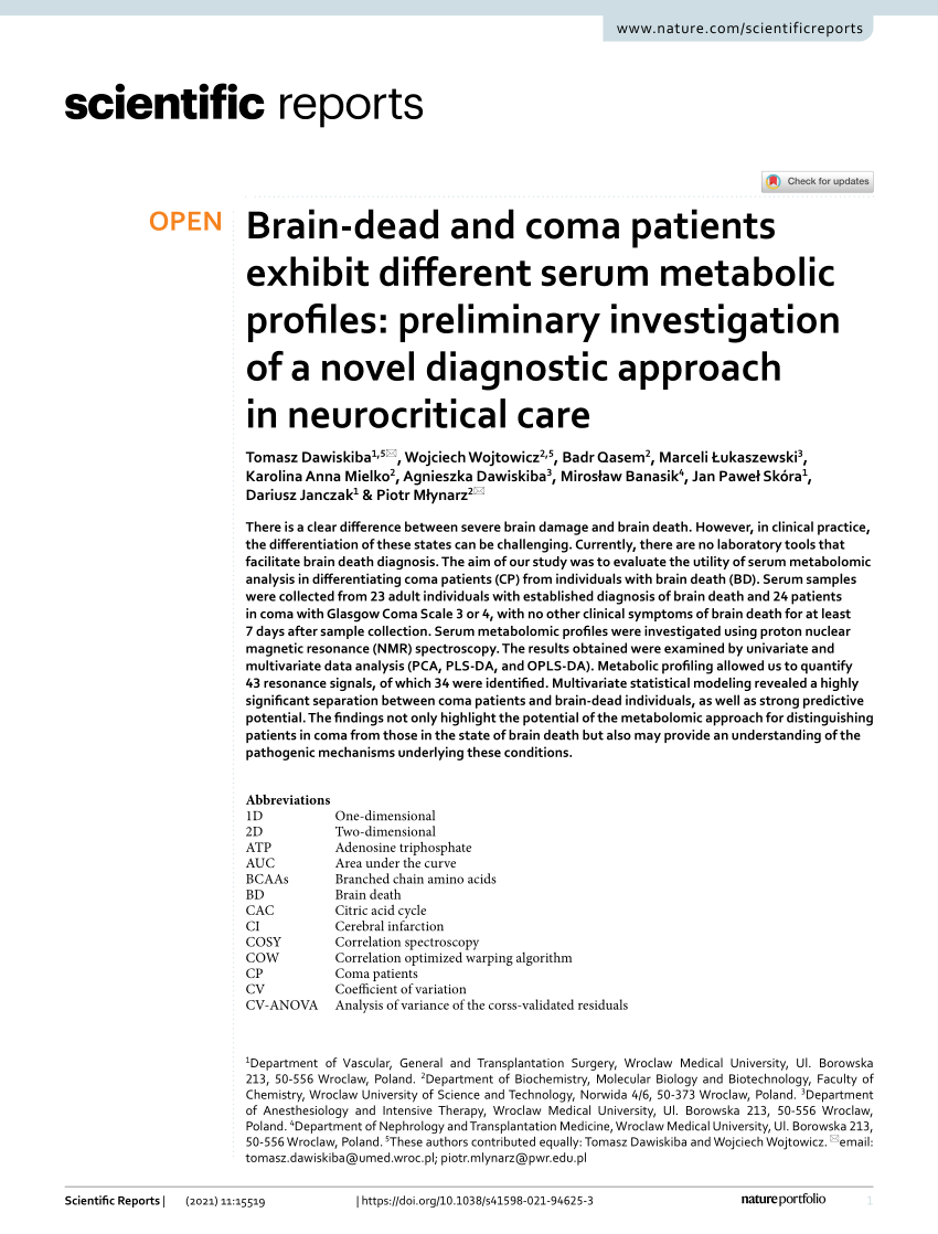 (PDF) Brain-dead and coma patients exhibit different serum metabolic ...