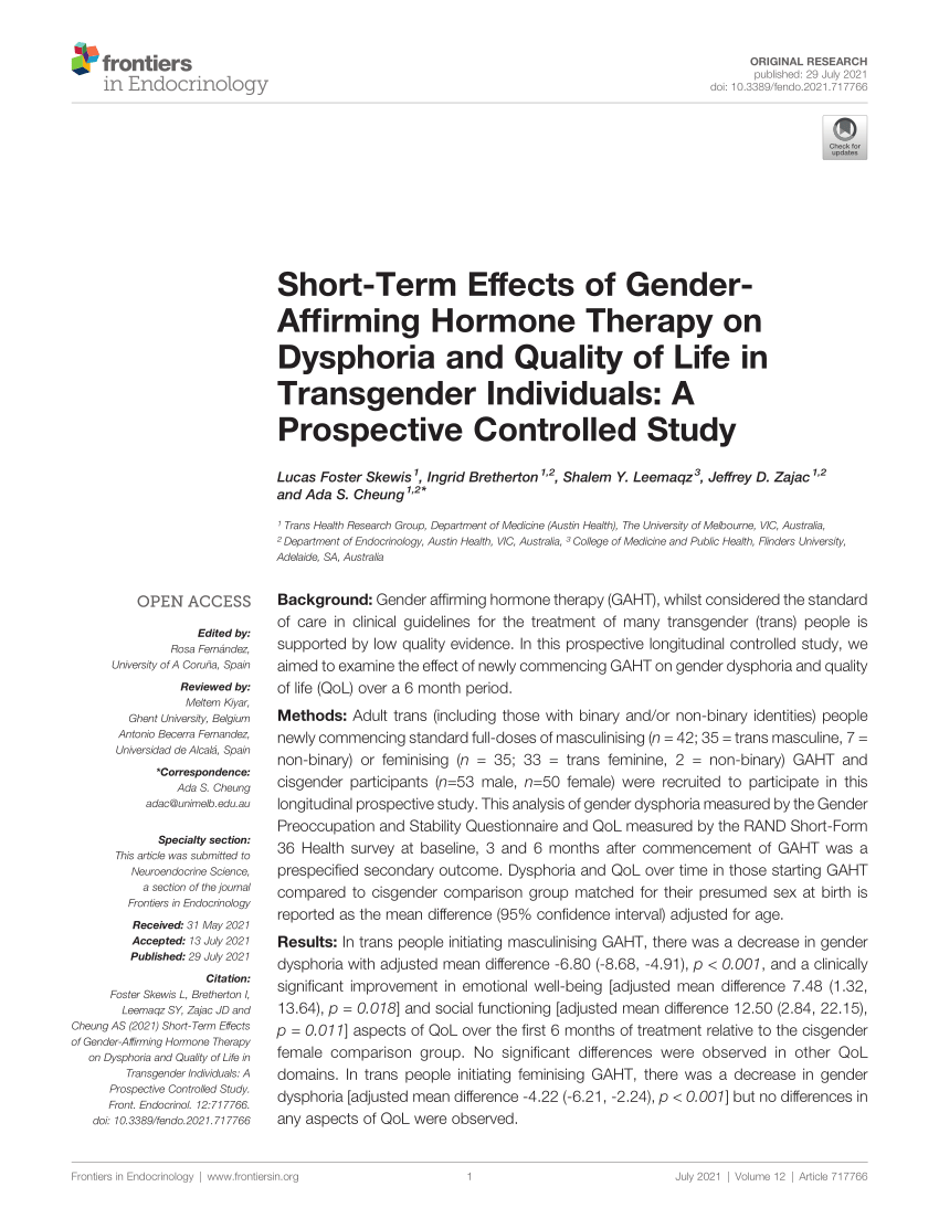 Pdf Short Term Effects Of Gender Affirming Hormone Therapy On Dysphoria And Quality Of Life In 3288