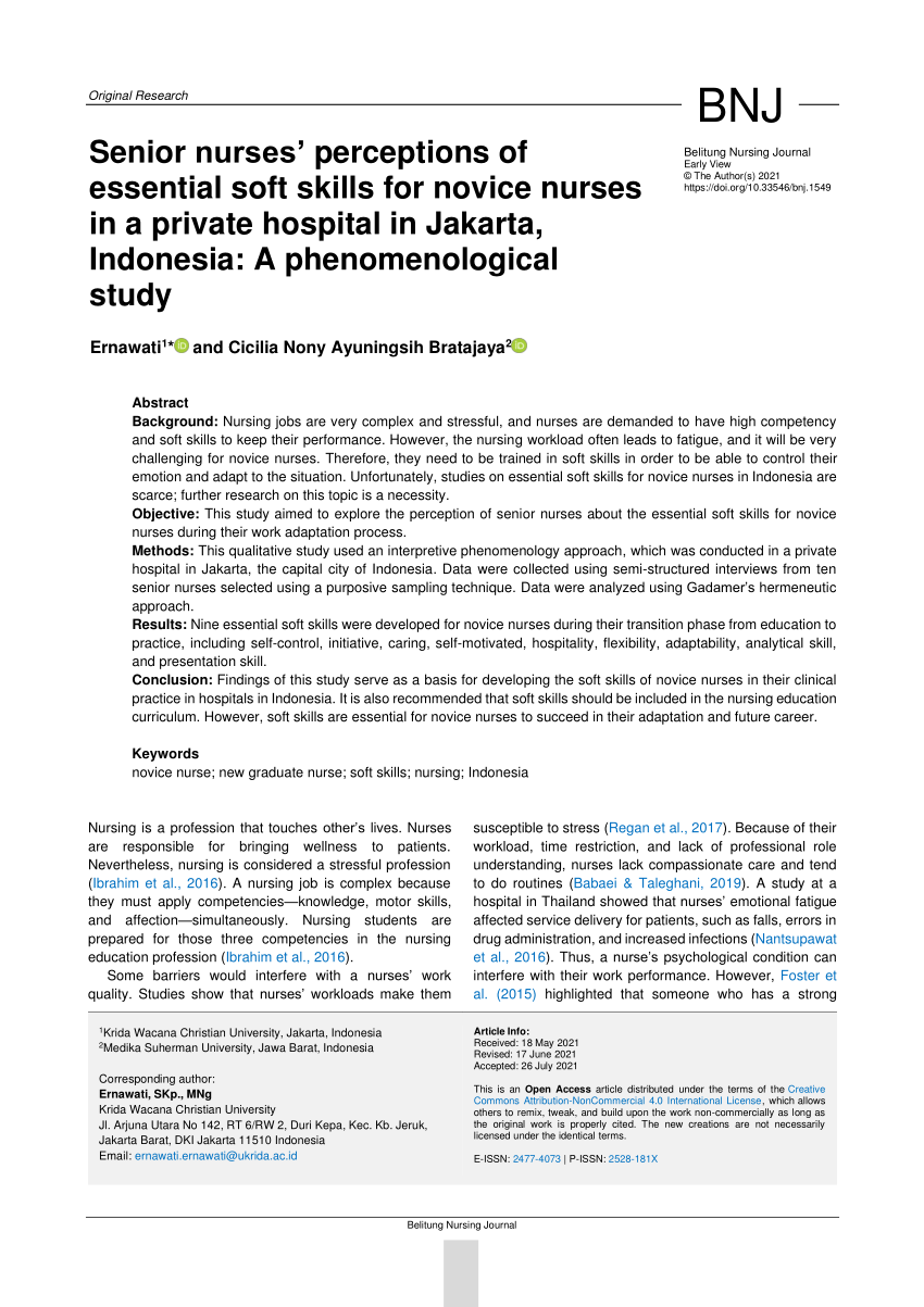 PDF) Senior nurses' perceptions of essential soft skills for novice nurses  in a private hospital in Jakarta, Indonesia: A phenomenological study