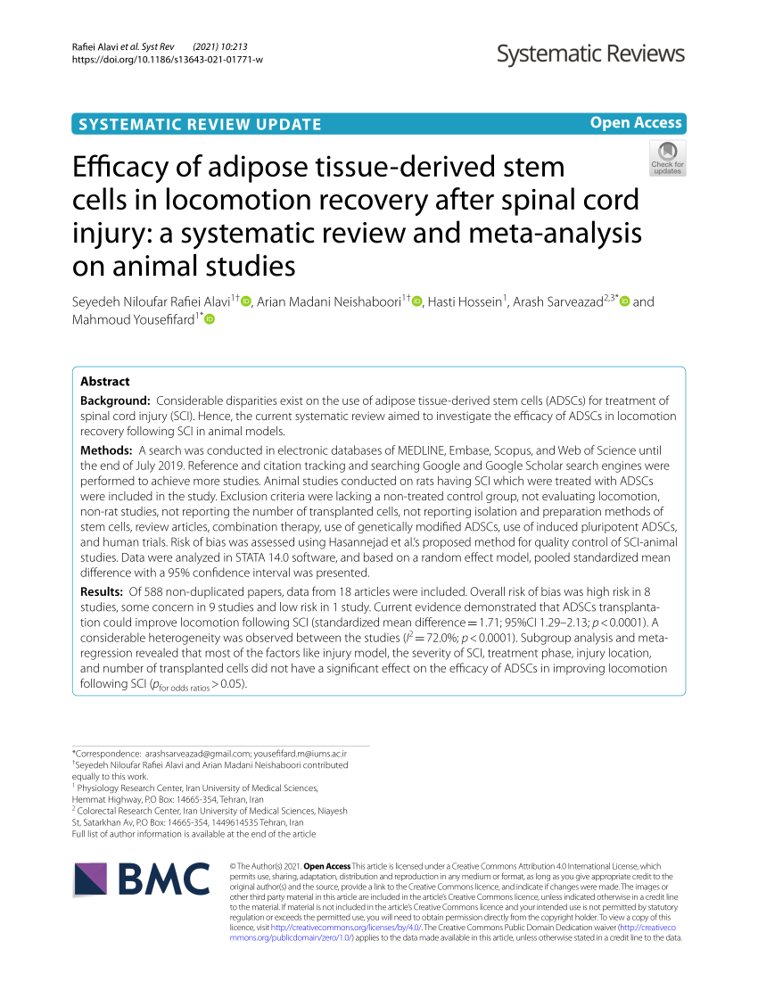 PDF) Efficacy of adipose tissue-derived stem cells in locomotion recovery  after spinal cord injury: a systematic review and meta-analysis on animal  studies