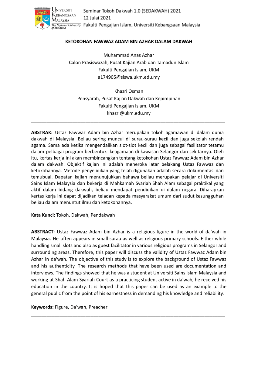 PDF) KETOKOHAN FAWWAZ ADAM BIN AZHAR DALAM DAKWAH