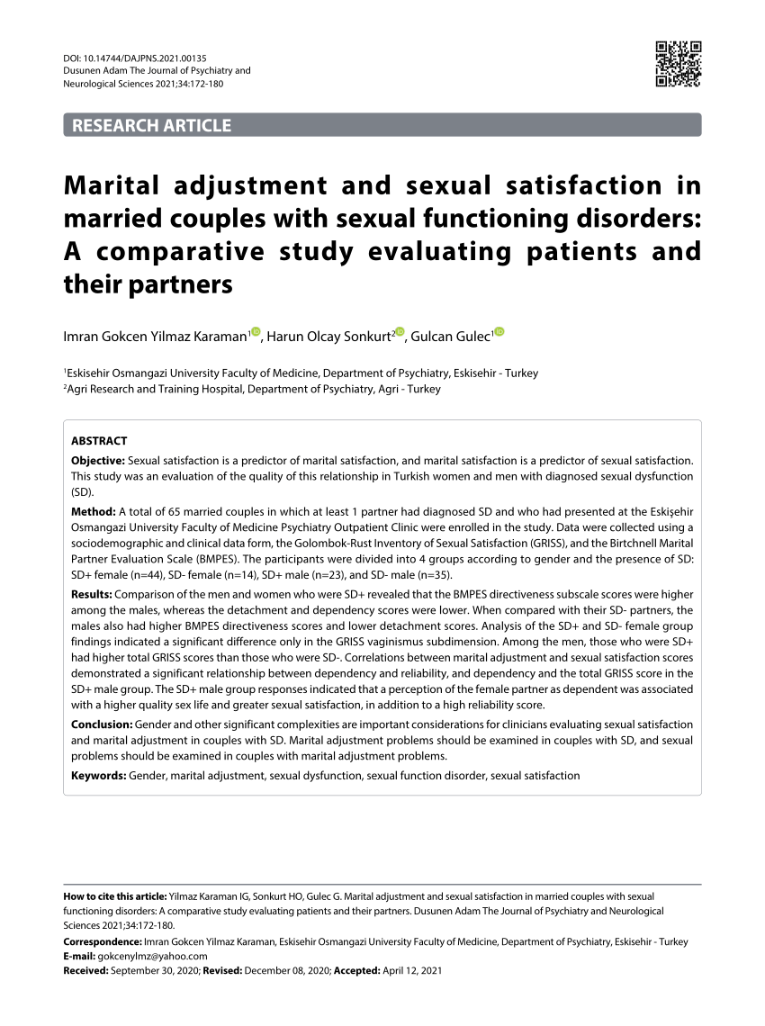PDF) Marital adjustment and sexual satisfaction in married couples with sexual functioning disorders A comparative study evaluating patients and their partners photo