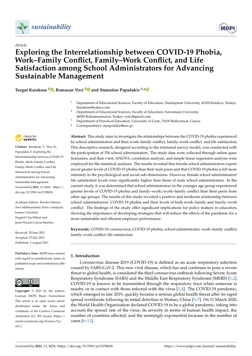 Pdf Exploring The Interrelationship Between Covid 19 Phobia Work Family Conflict Family Work Conflict And Life Satisfaction Among School Administrators For Advancing Sustainable Management