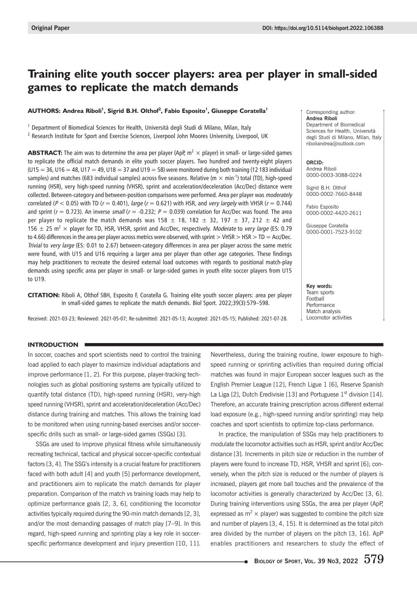 Pdf Training Elite Youth Soccer Players Area Per Players In Small Sided Games To Replicate Match Demands