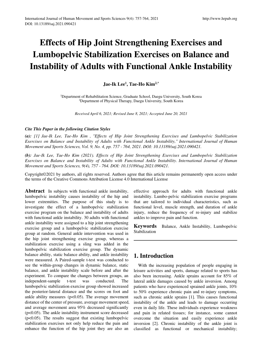PDF) Effects of Hip Joint Strengthening Exercises and Lumbopelvic  Stabilization Exercises on Balance and Instability of Adults with  Functional Ankle Instability