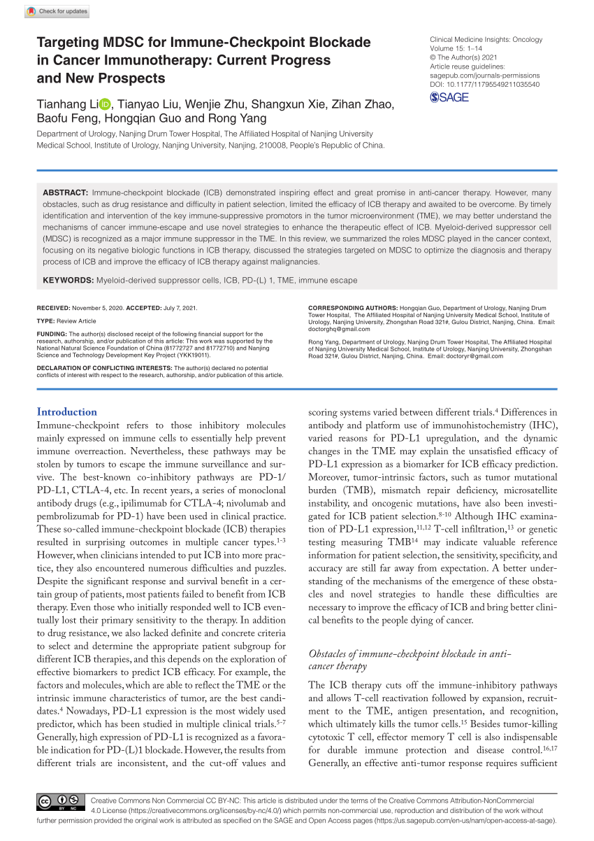 Pdf Targeting Mdsc For Immune Checkpoint Blockade In Cancer Immunotherapy Current Progress 9806