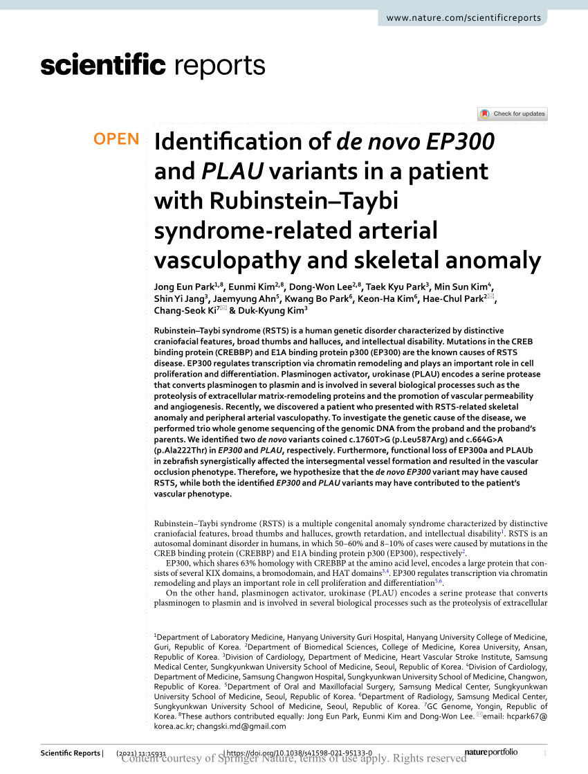 PDF) Identification of de novo EP300 and PLAU variants in a patient with  Rubinstein–Taybi syndrome-related arterial vasculopathy and skeletal anomaly