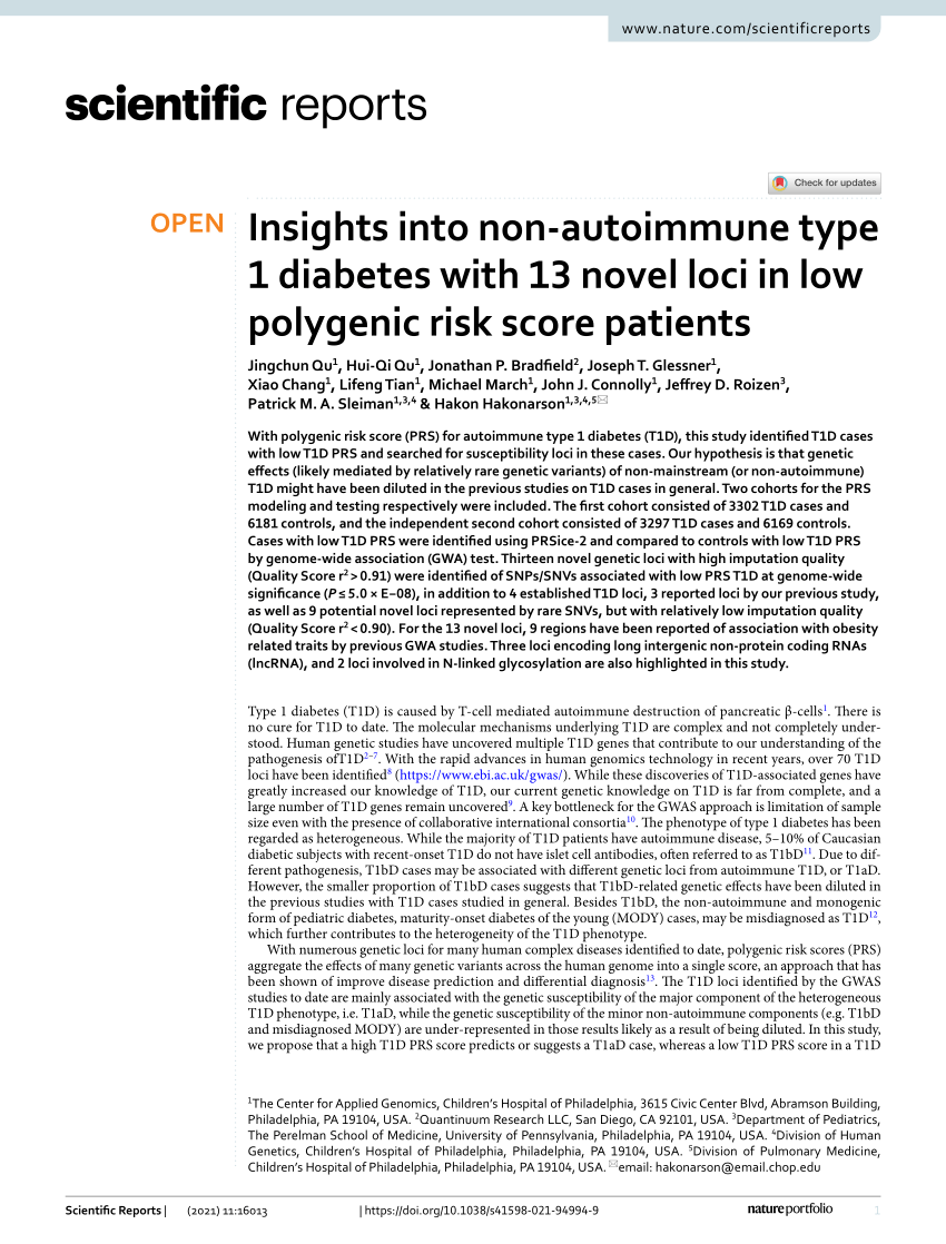 PDF) Insights into 1 diabetes with 13 novel loci in low polygenic score patients