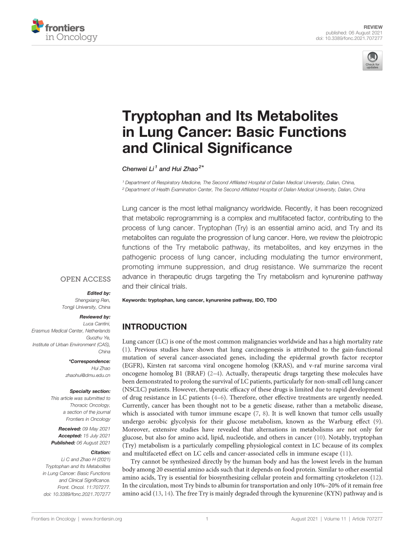 PDF) Tryptophan and Its Metabolites in Lung Cancer: Basic 