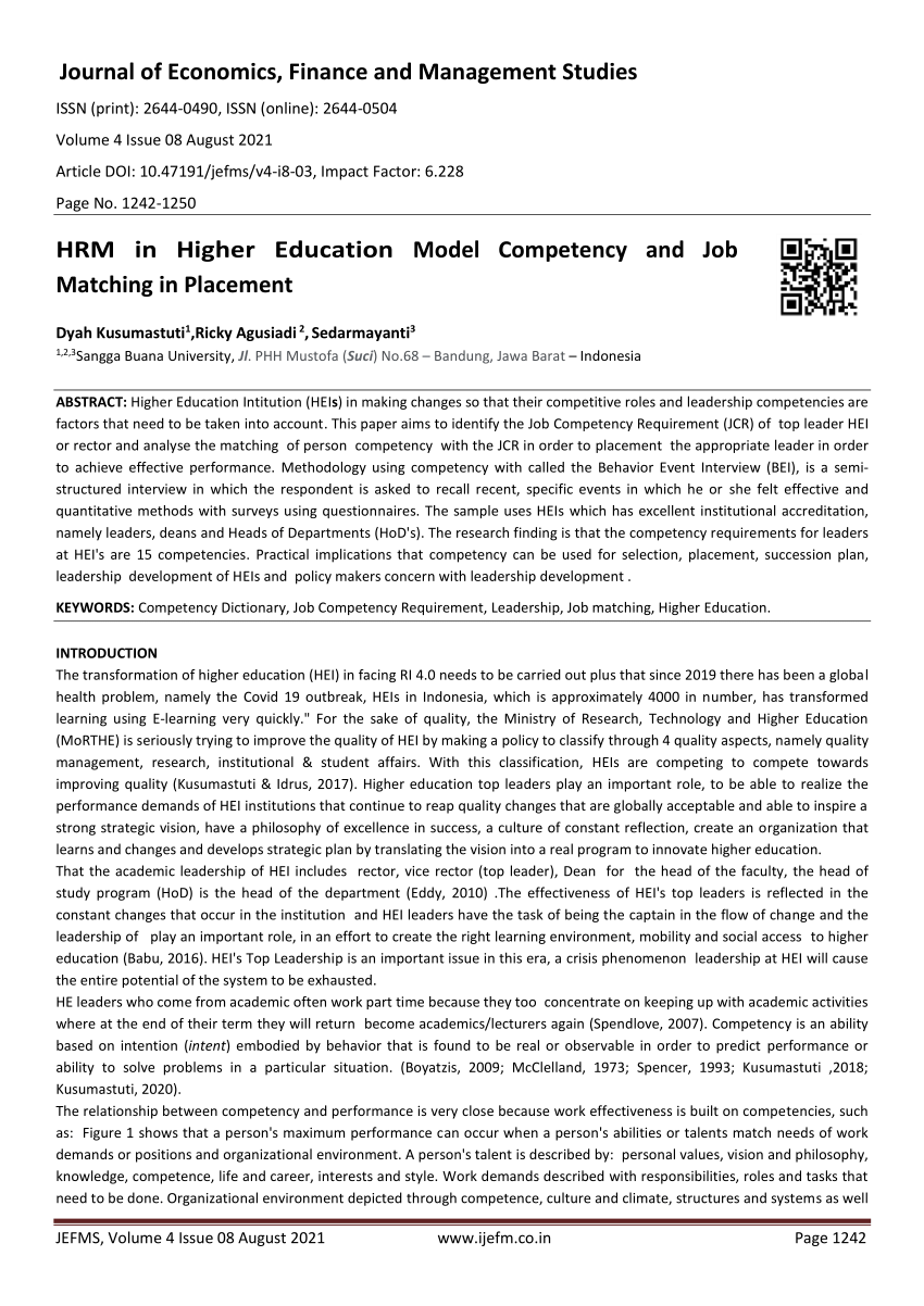 Pdf Hrm In Higher Education Model Competency And Job Matching In Placement