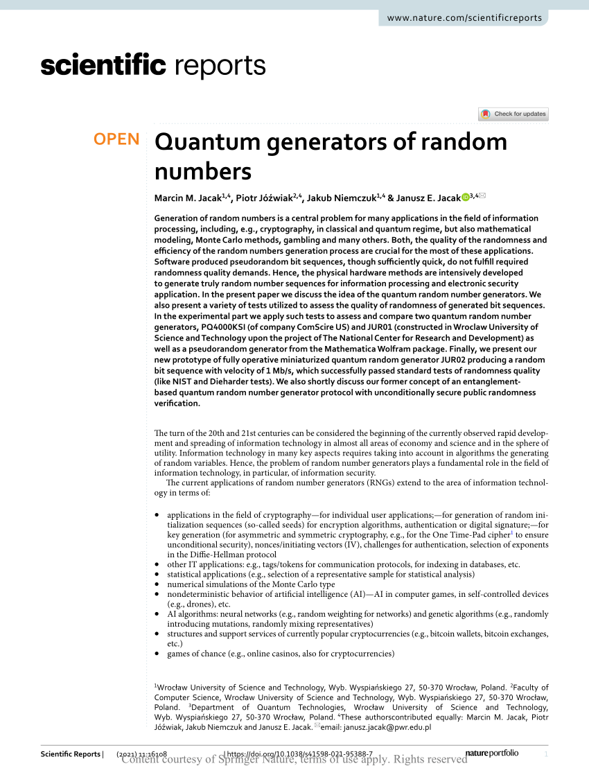 PDF) Quantum generators of random numbers