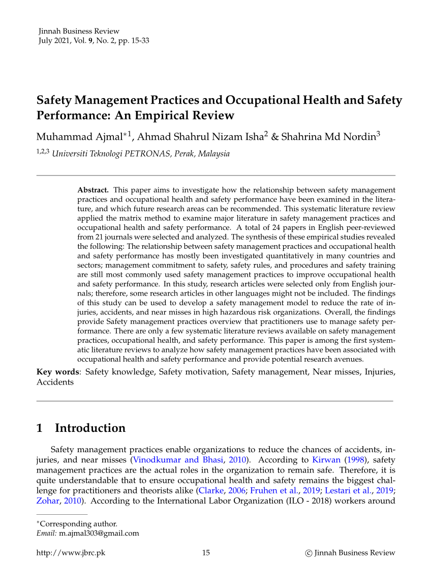 literature review of safety management