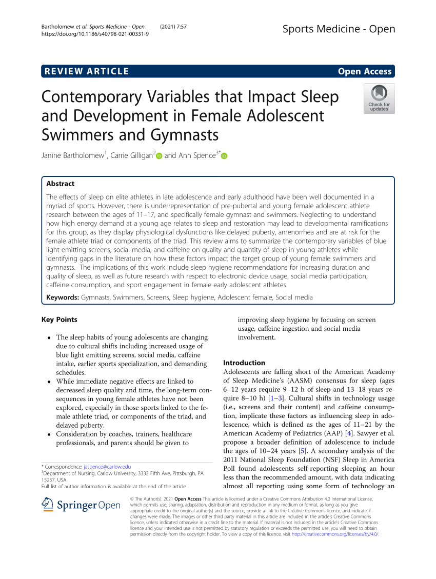 PDF) Contemporary Variables that Impact Sleep and Development in Female  Adolescent Swimmers and Gymnasts