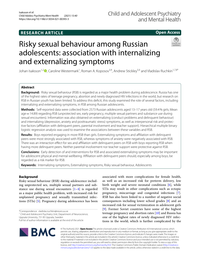 PDF) Risky sexual behaviour among Russian adolescents: association with  internalizing and externalizing symptoms