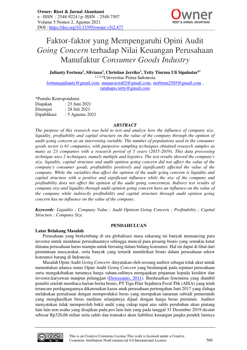 Pdf Faktor Faktor Yang Mempengaruhi Opini Audit Going Concern Terhadap Nilai Keuangan 3067