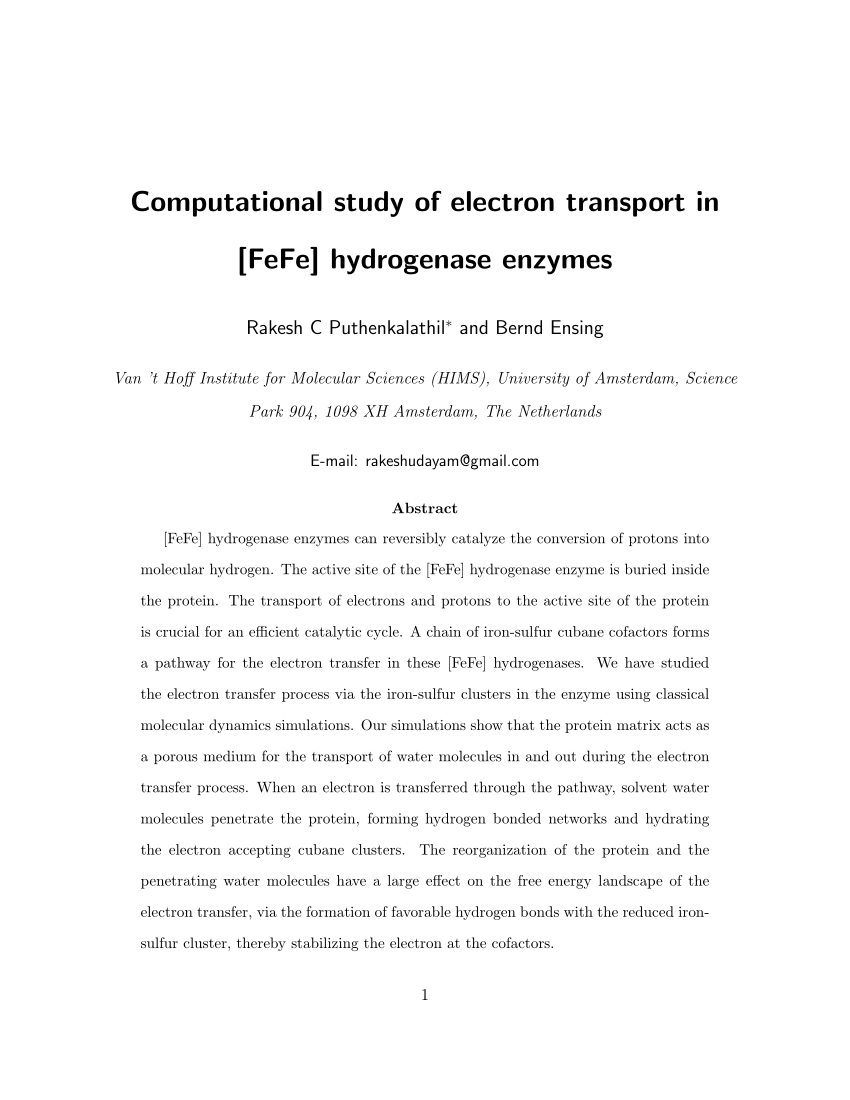(PDF) Computational study of electron transport in [FeFe] hydrogenase