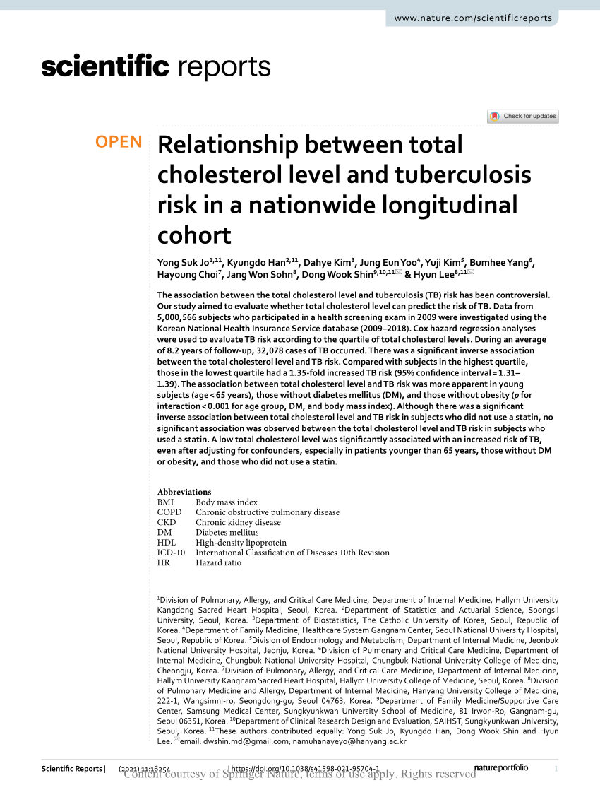 PDF) Relationship between total cholesterol level and tuberculosis