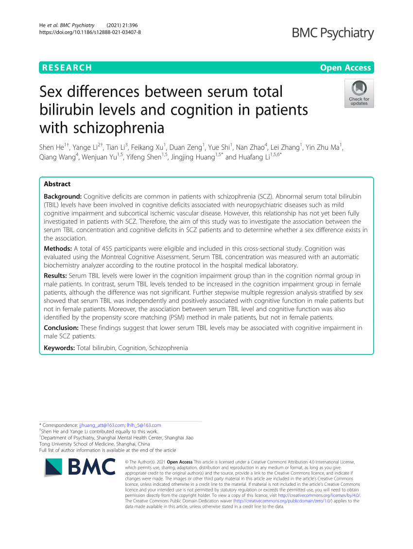 Pdf Sex Differences Between Serum Total Bilirubin Levels And Cognition In Patients With