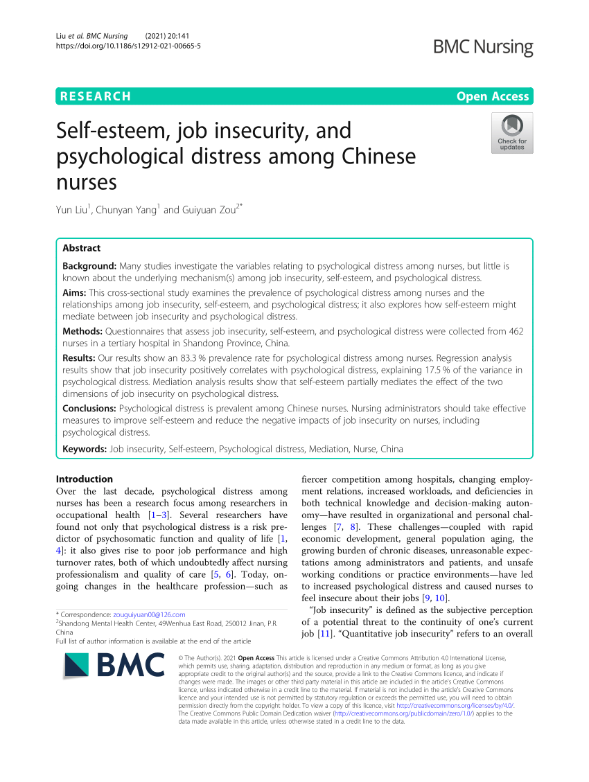 Pdf Self Esteem Job Insecurity And Psychological Distress Among Chinese Nurses