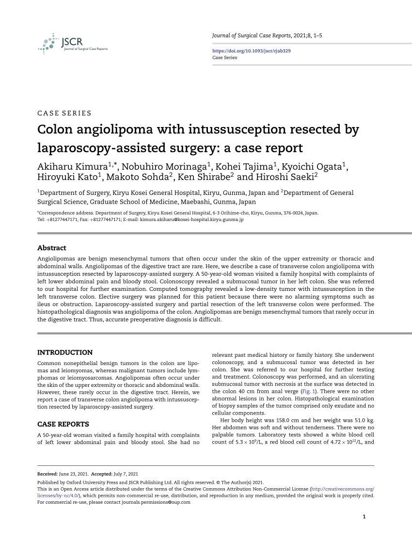 Pdf Colon Angiolipoma With Intussusception Resected By Laparoscopy Assisted Surgery A Case Report 6133