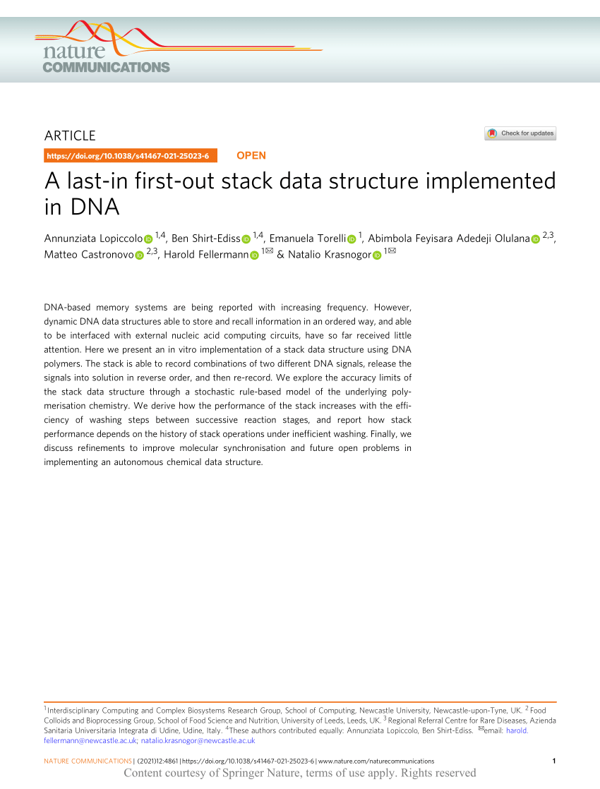 A last-in first-out stack data structure implemented in DNA