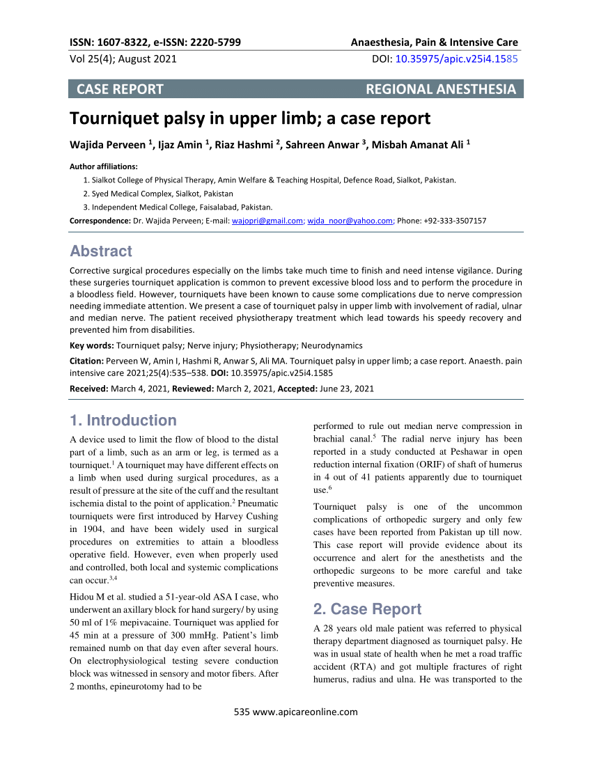 PDF) Tourniquet palsy in upper limb; a case report