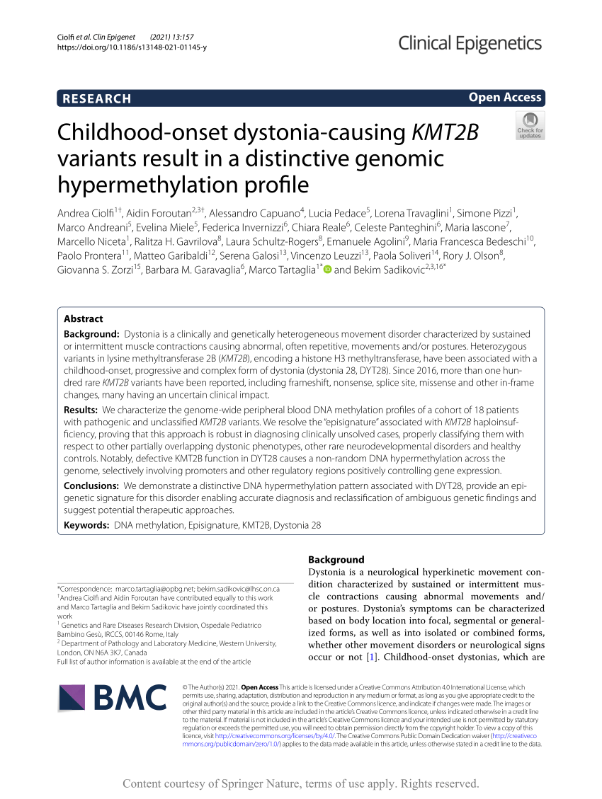 Pdf Childhood Onset Dystonia Causing Kmt2b Variants Result In A Distinctive Genomic Hypermethylation Profile