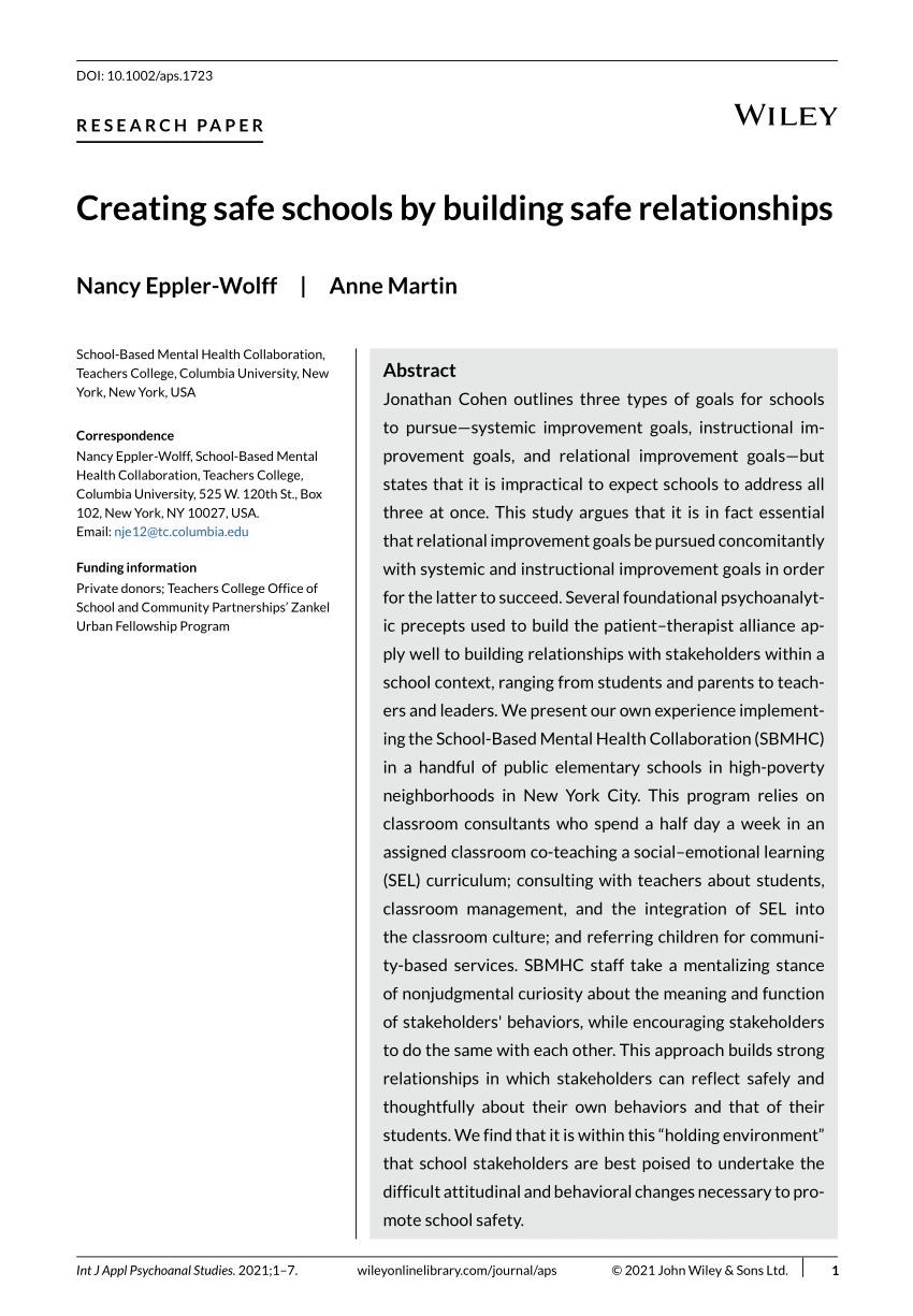 (PDF) Creating safe schools by building safe relationships