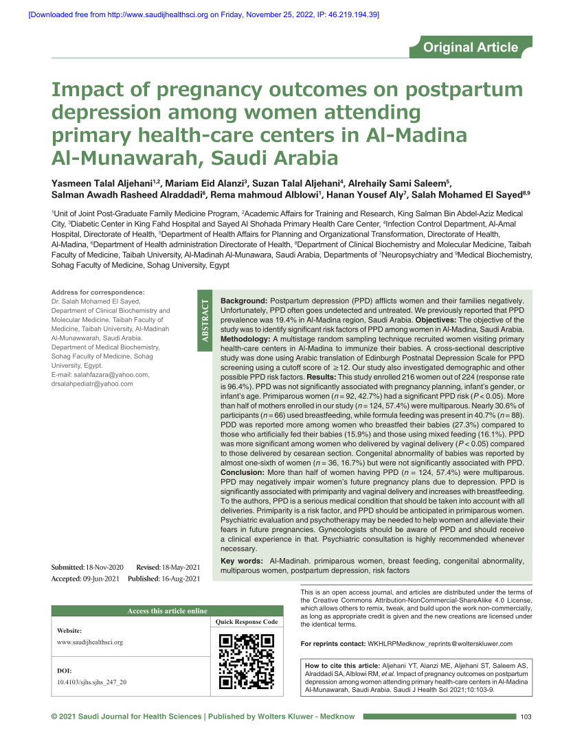 Pdf Impact Of Pregnancy Outcomes On Postpartum Depression Among Women Attending Primary Health 