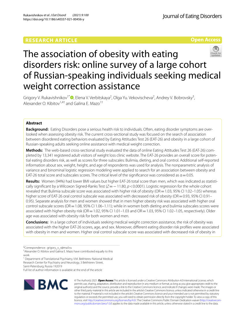 PDF) The association of obesity with eating disorders risk: online survey  of a large cohort of Russian-speaking individuals seeking medical weight  correction assistance