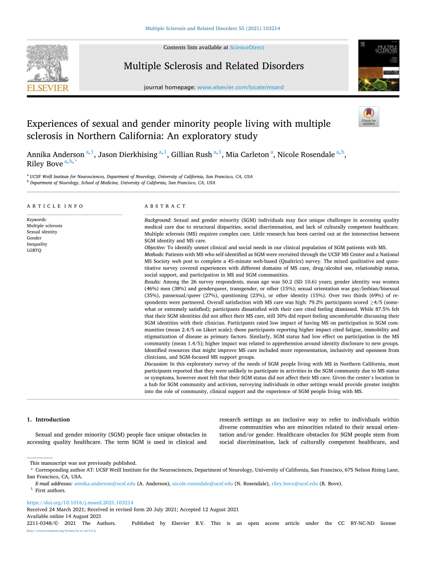 Pdf Experiences Of Sexual And Gender Minority People Living With Multiple Sclerosis In 4835