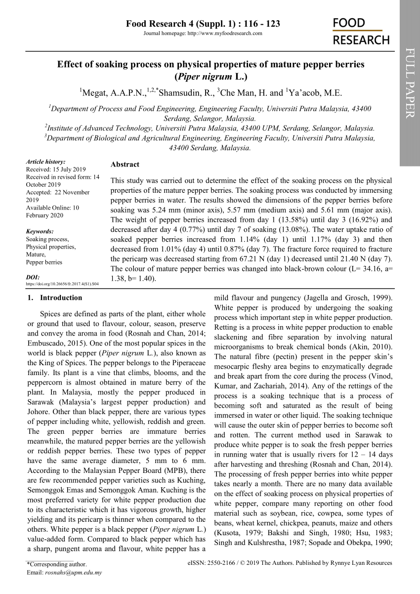 PDF) Effect of soaking process on physical properties of mature pepper  berries (Piper nigrum L.)