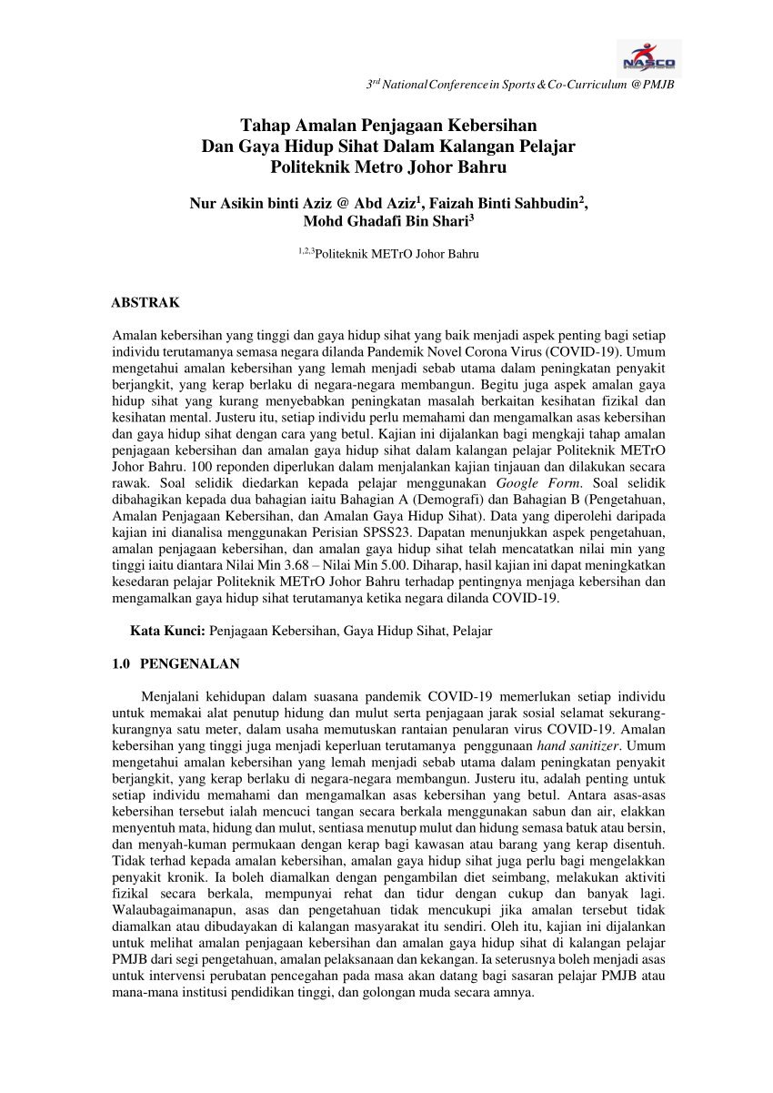 Pdf Tahap Amalan Penjagaan Kebersihan Dan Gaya Hidup Sihat Dalam Kalangan Pelajar Politeknik Metro Johor Bahru