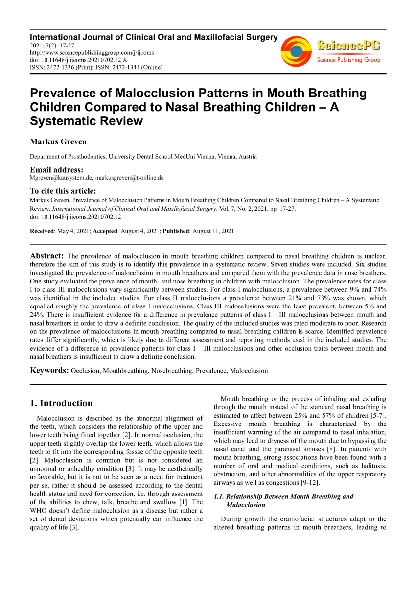 PDF) Prevalence of Malocclusion Patterns in Mouth Breathing Children  Compared to Nasal Breathing Children -A Systematic Review