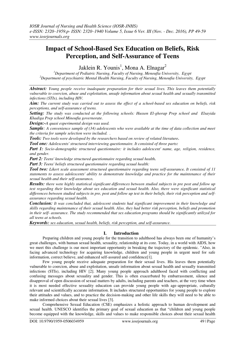 PDF) Impact of School-Based Sex Education on Beliefs, Risk Perception, and  Self-Assurance of Teens